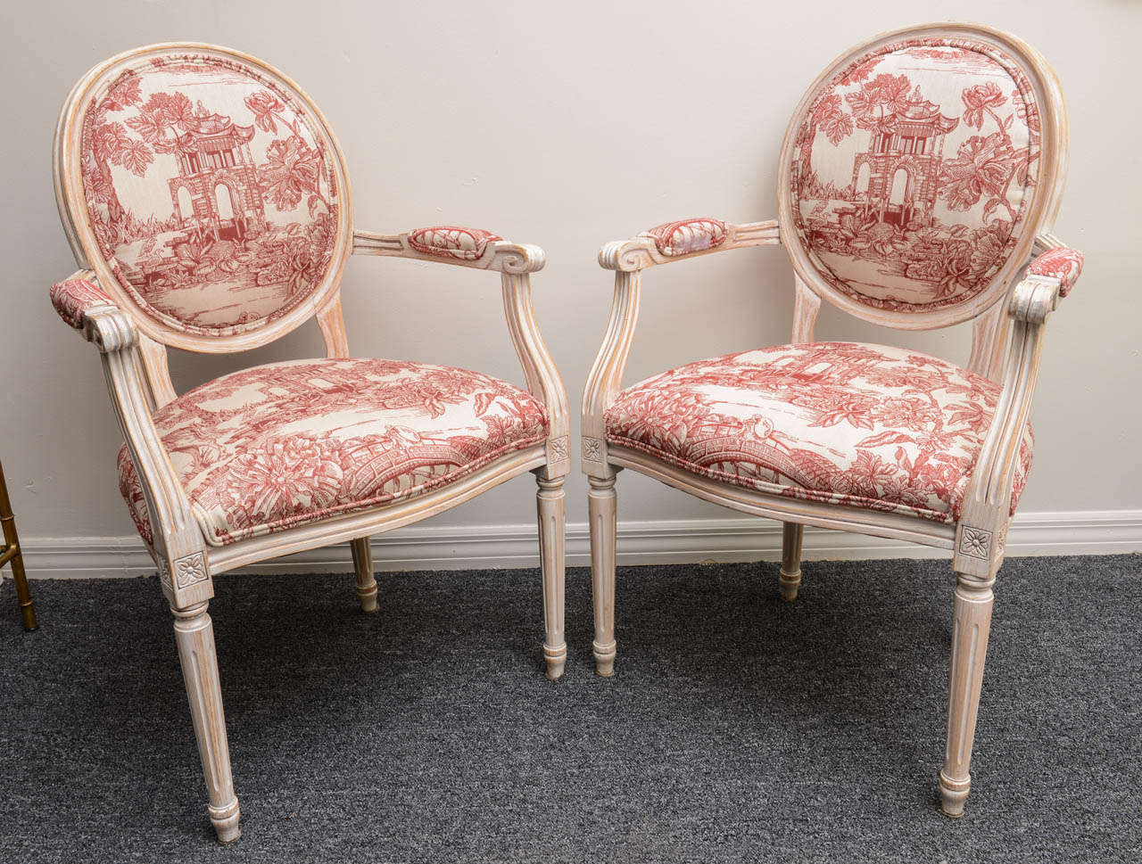 Late 20th Century Pair French Louis XVI Style Armchairs Upholstered in a Red Chinoiserie Fabric