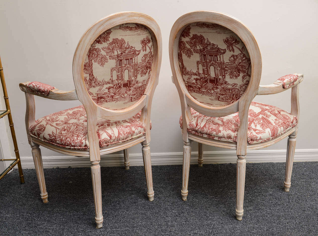 Pair French Louis XVI Style Armchairs Upholstered in a Red Chinoiserie Fabric 1