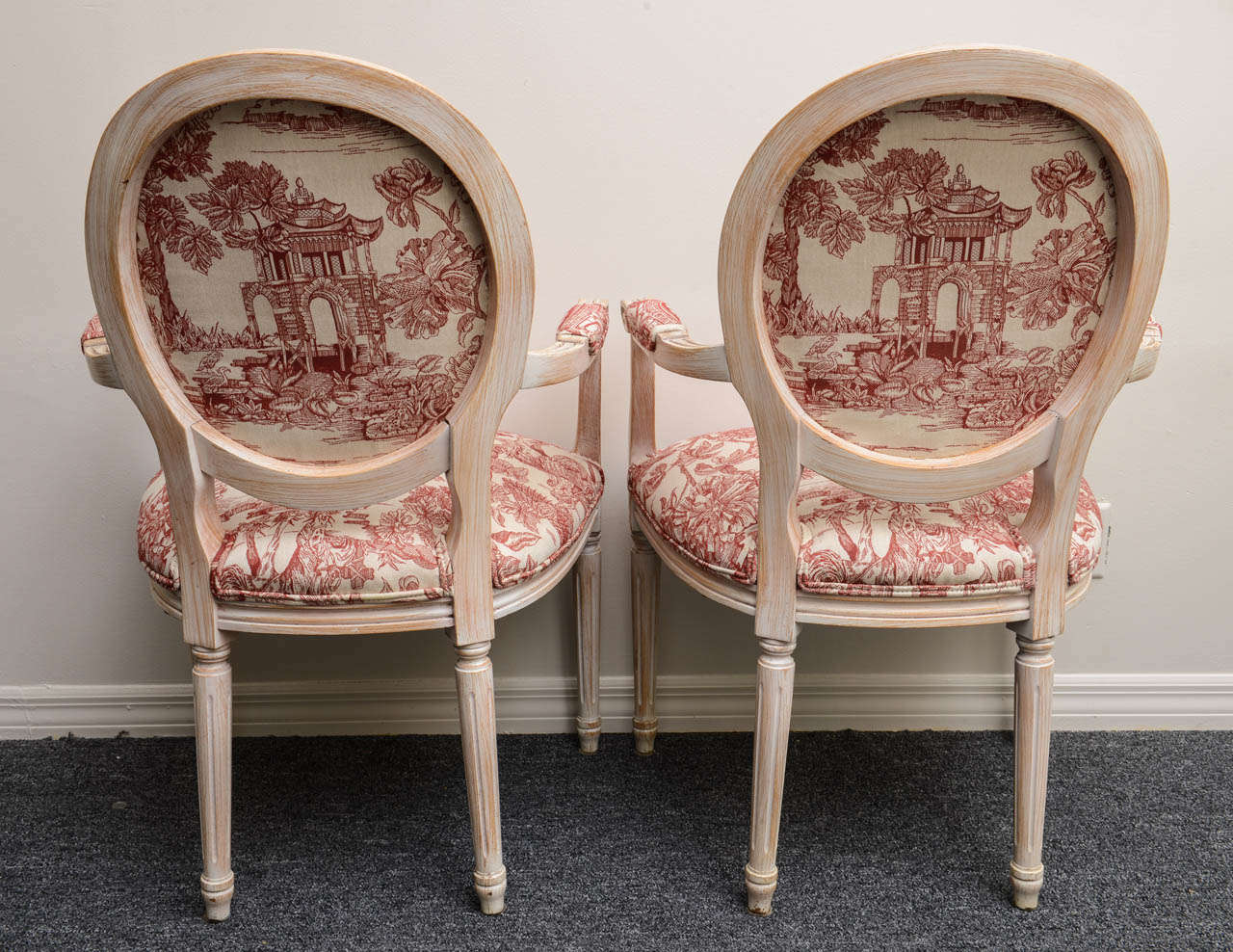 Pair French Louis XVI Style Armchairs Upholstered in a Red Chinoiserie Fabric 2