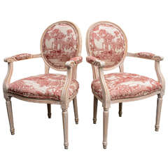 Pair French Louis XVI Style Armchairs Upholstered in a Red Chinoiserie Fabric