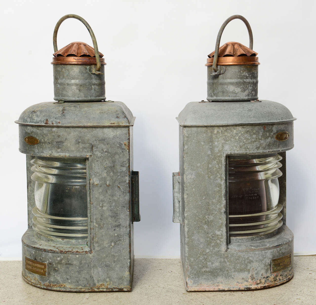 German Pair of Antique Galvanized Ship's Lanterns