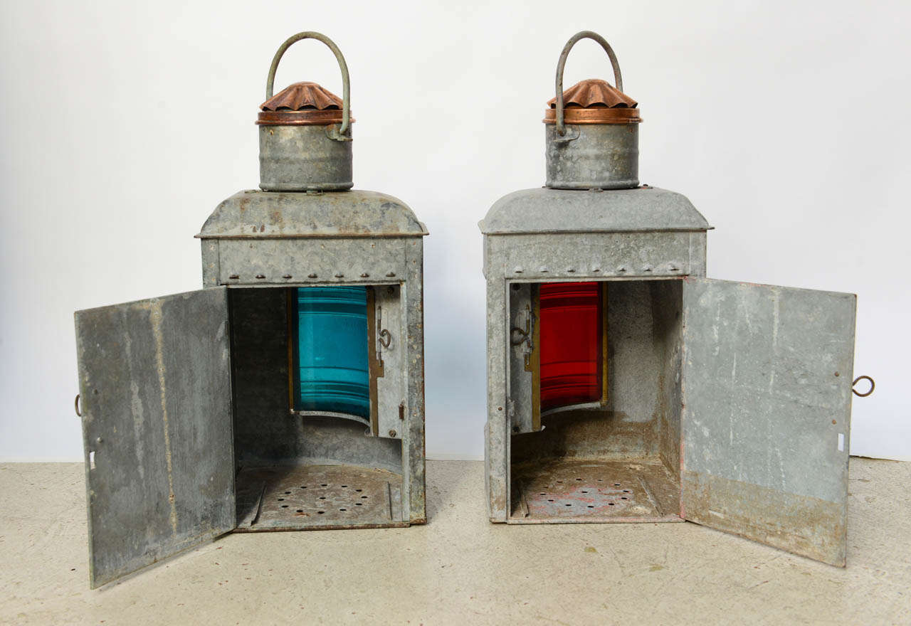 Pair of Antique Galvanized Ship's Lanterns 1