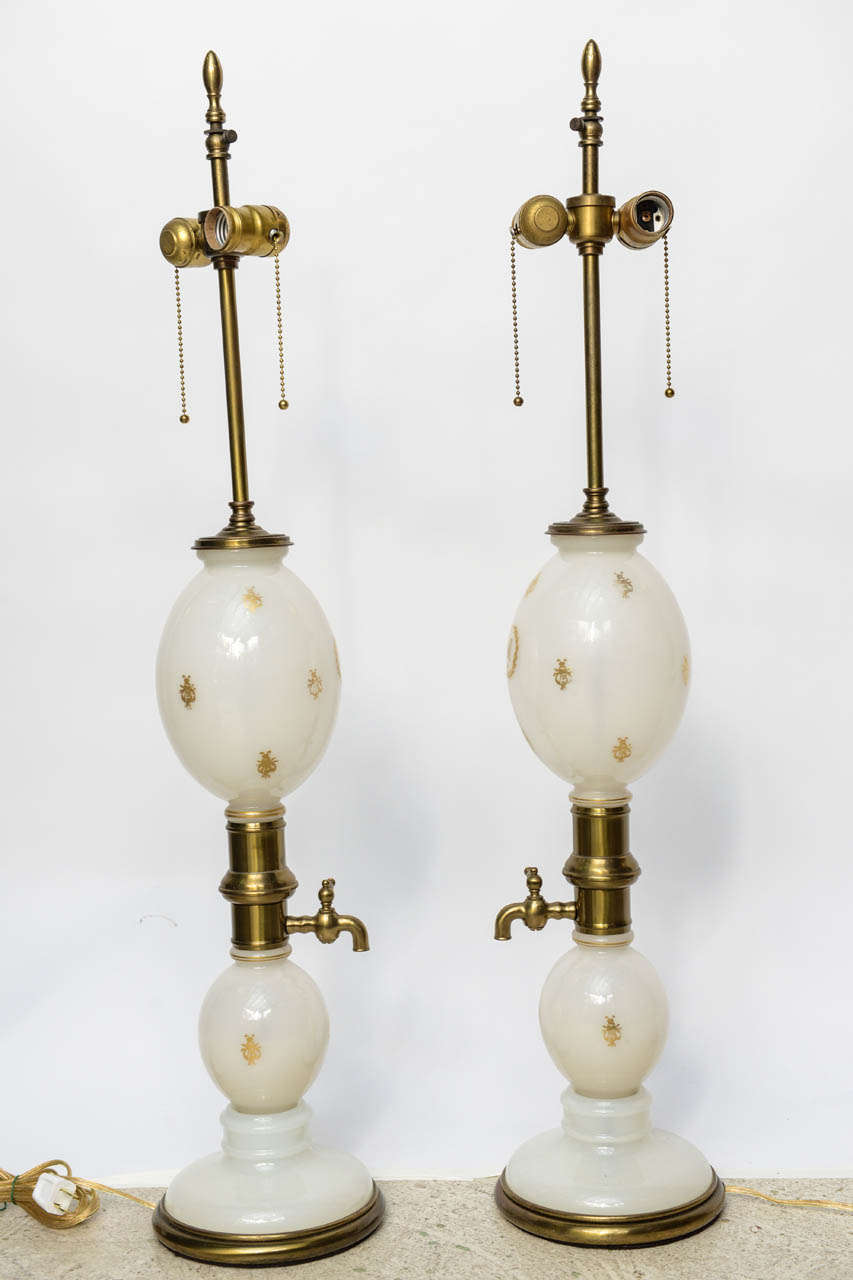 French Pair of White Opaline and Brass Napoleonic Lamps