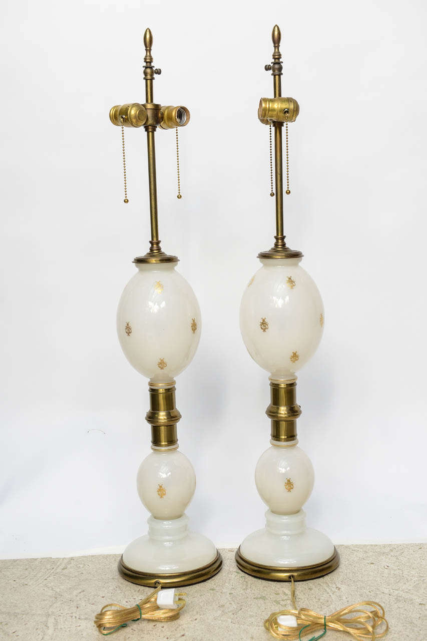 Pair of White Opaline and Brass Napoleonic Lamps In Good Condition In West Palm Beach, FL