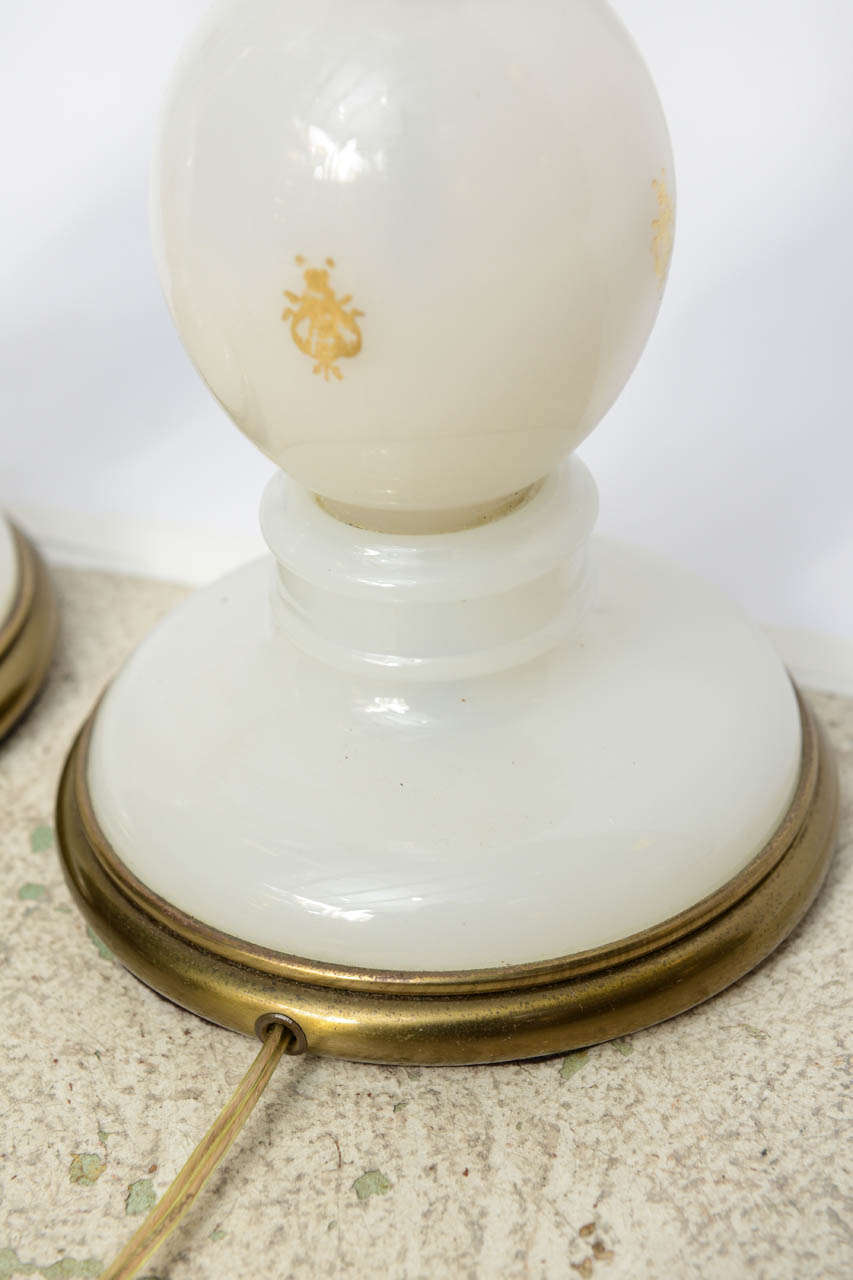 20th Century Pair of White Opaline and Brass Napoleonic Lamps