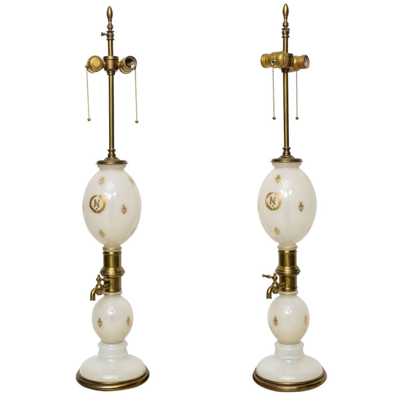 Pair of White Opaline and Brass Napoleonic Lamps