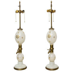 Pair of White Opaline and Brass Napoleonic Lamps