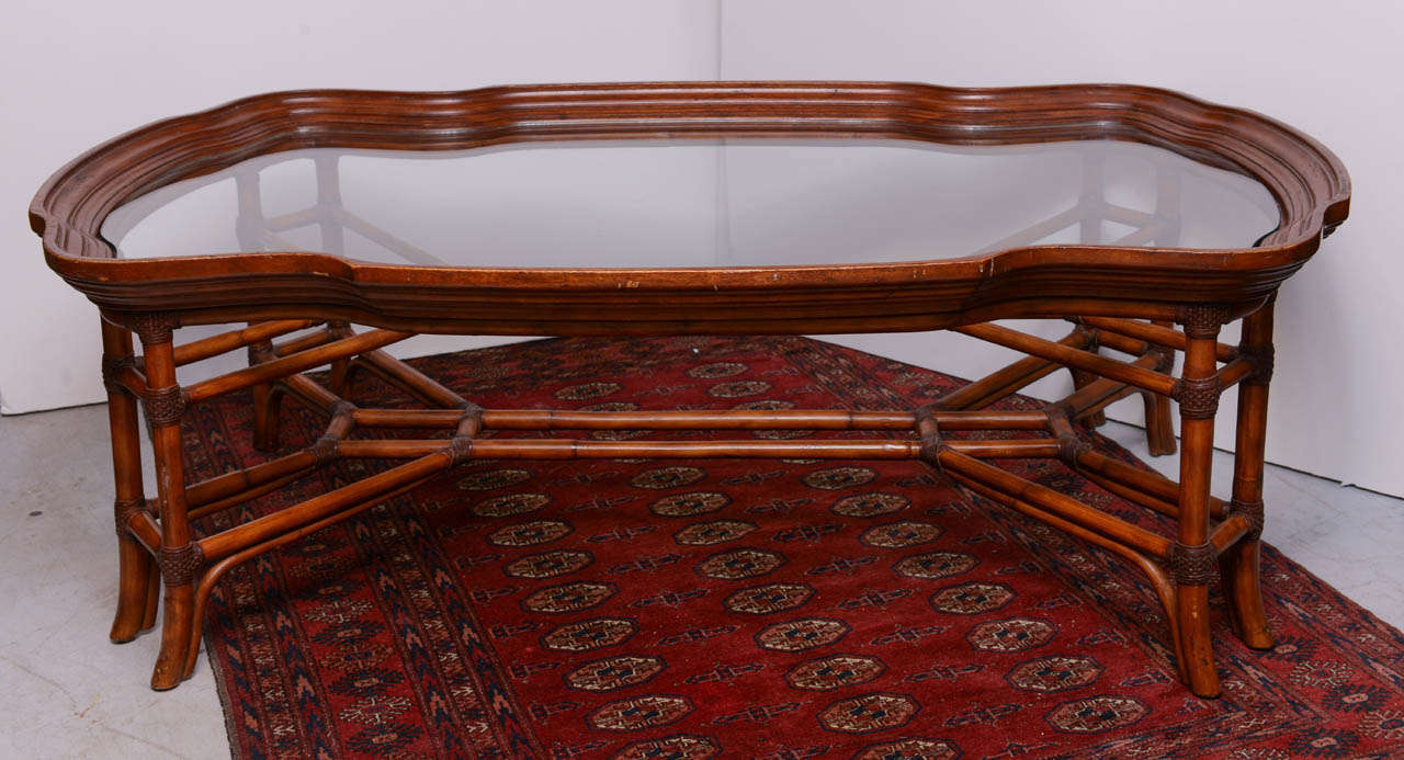 unusually large Faux Bamboo Coffee table Fitted with a removable
Wood edged Glass Top