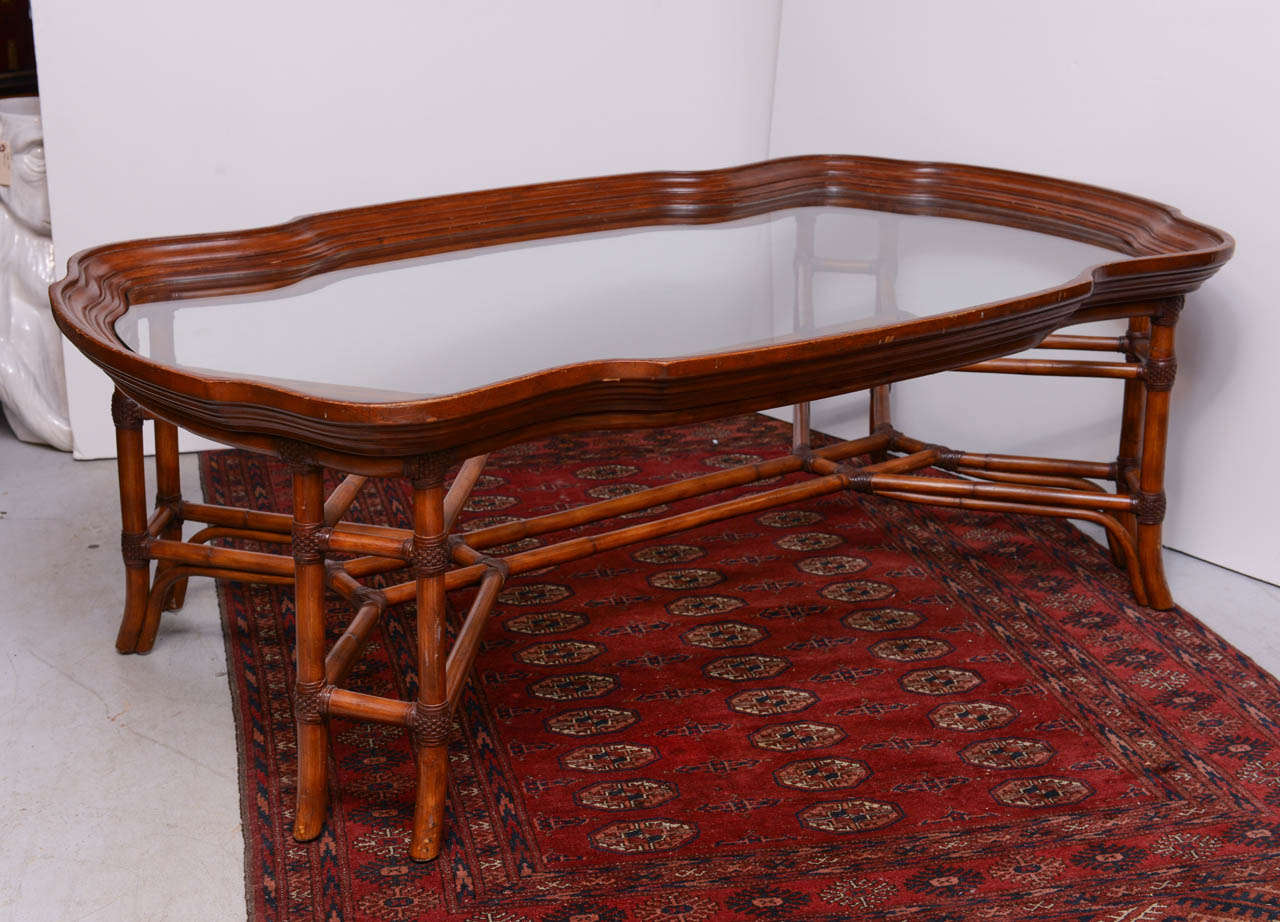 Large Faux Bamboo Coffee Table with Glass Top In Good Condition In West Palm Beach, FL