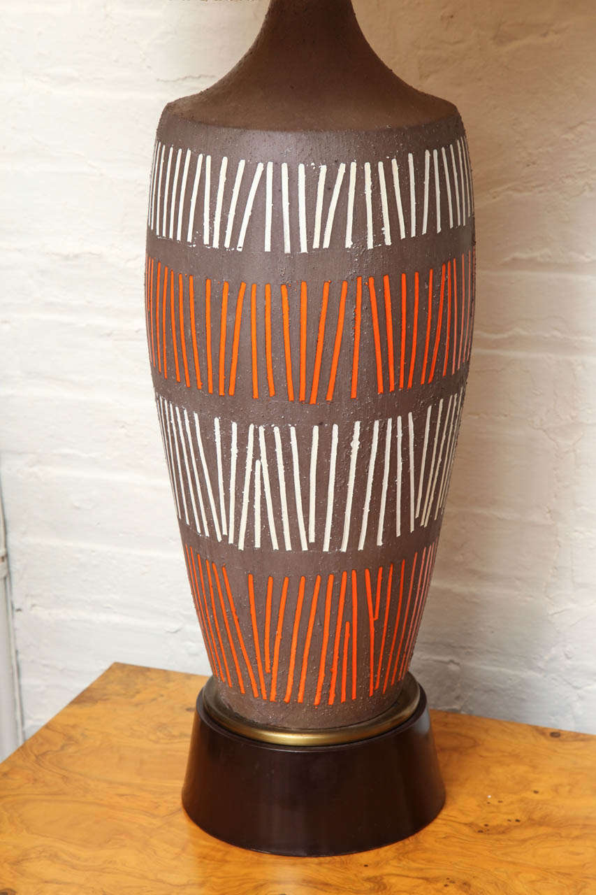 American Large Ceramic Lamp With Orange And White Geometric Stripe Design C. 1960 For Sale