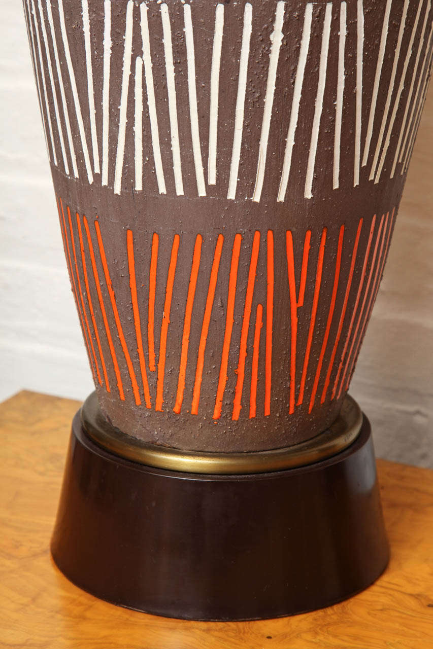 Mid-20th Century Large Ceramic Lamp With Orange And White Geometric Stripe Design C. 1960 For Sale