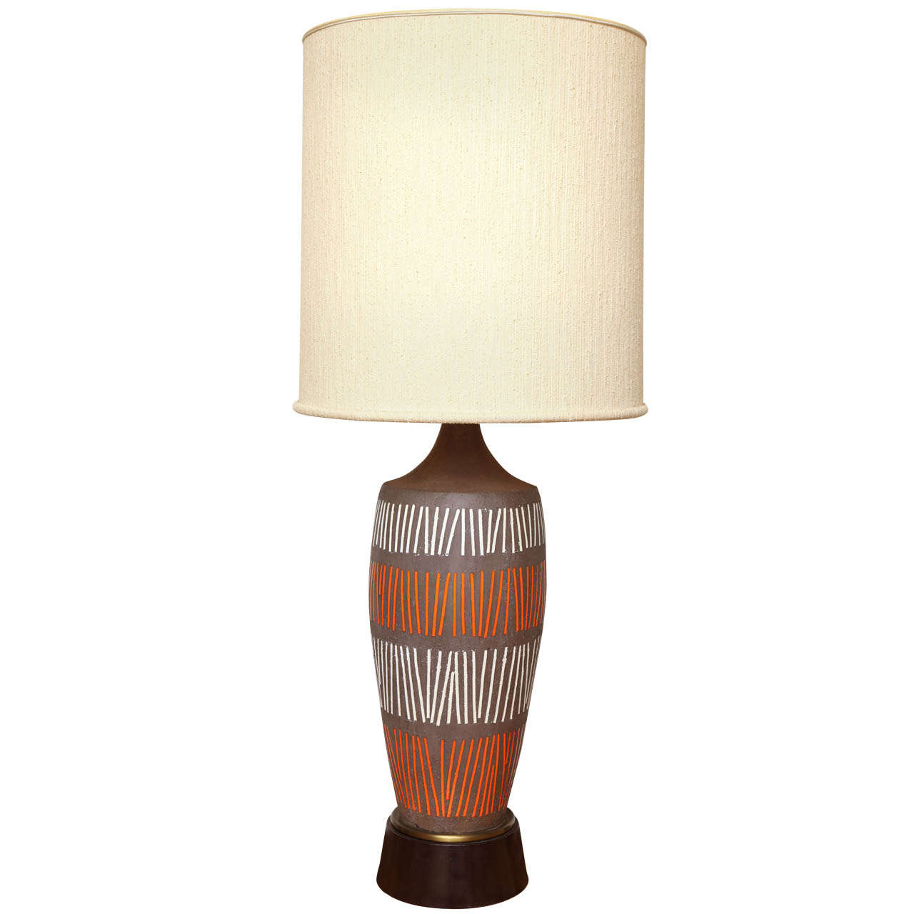 Large Ceramic Lamp With Orange And White Geometric Stripe Design C. 1960 For Sale