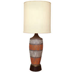 Large Ceramic Lamp With Orange And White Geometric Stripe Design C. 1960
