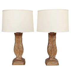 Pair Of  Carved Cerused Oak Flame lamps Signed By Heifetz, c. 1940