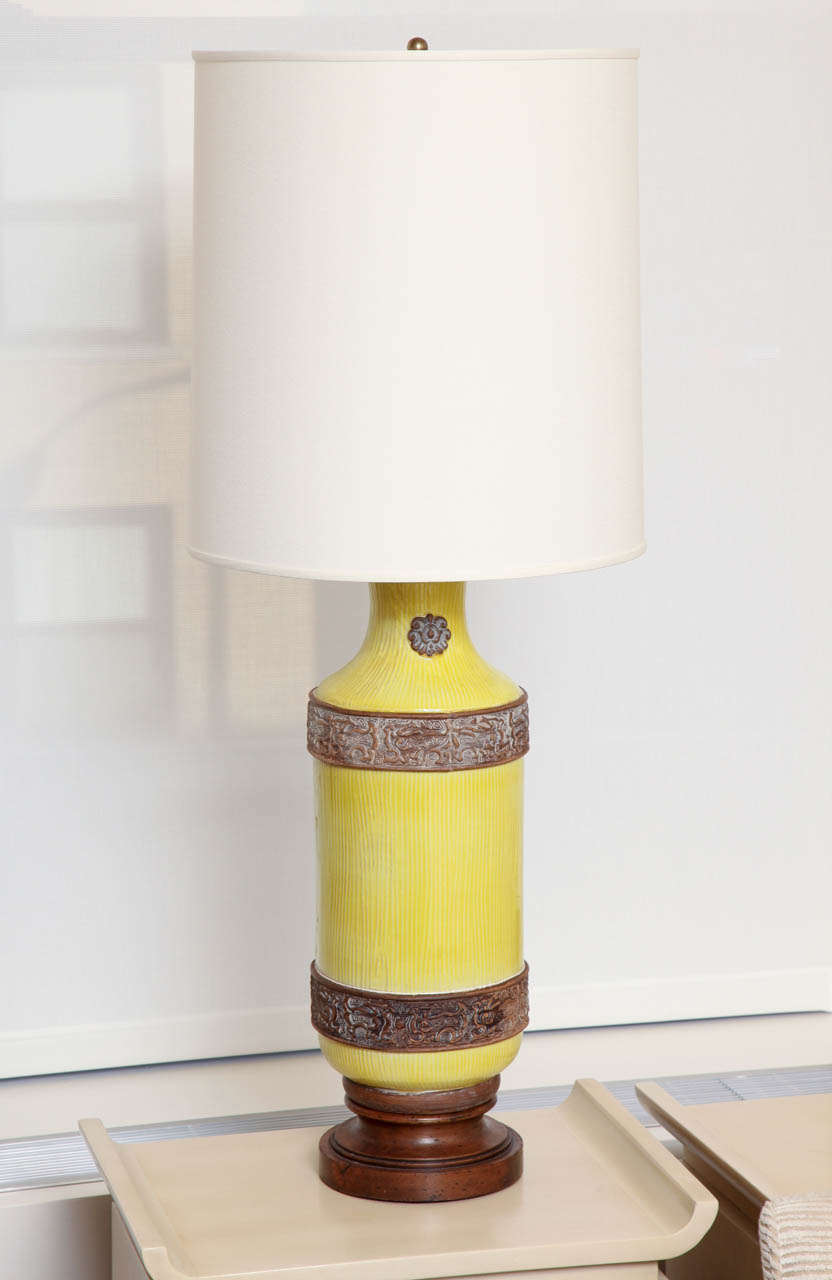 Pair Of Asian Inspired Yellow Glazed Ceramic Lamps, C. 1950 In Excellent Condition In New York, NY