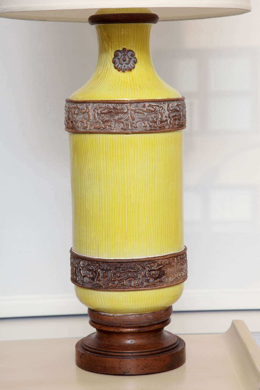 Mid-20th Century Pair Of Asian Inspired Yellow Glazed Ceramic Lamps, C. 1950