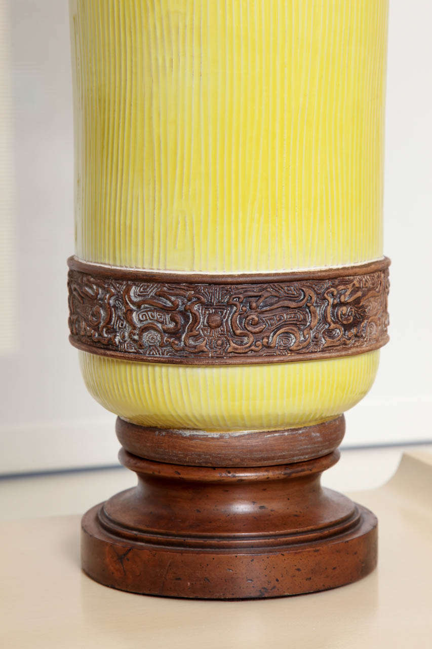 Pair Of Asian Inspired Yellow Glazed Ceramic Lamps, C. 1950 1
