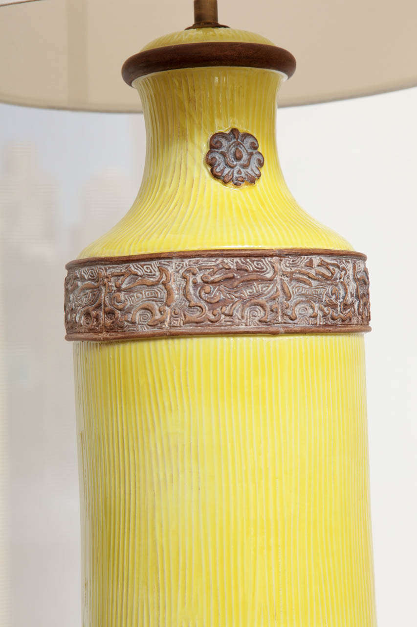 Pair Of Asian Inspired Yellow Glazed Ceramic Lamps, C. 1950 2