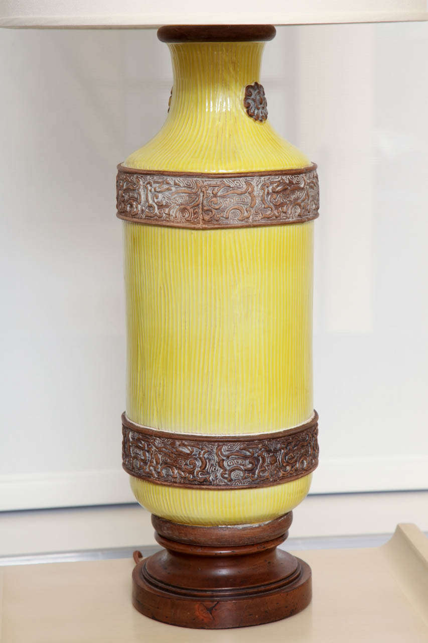Pair Of Asian Inspired Yellow Glazed Ceramic Lamps, C. 1950 3