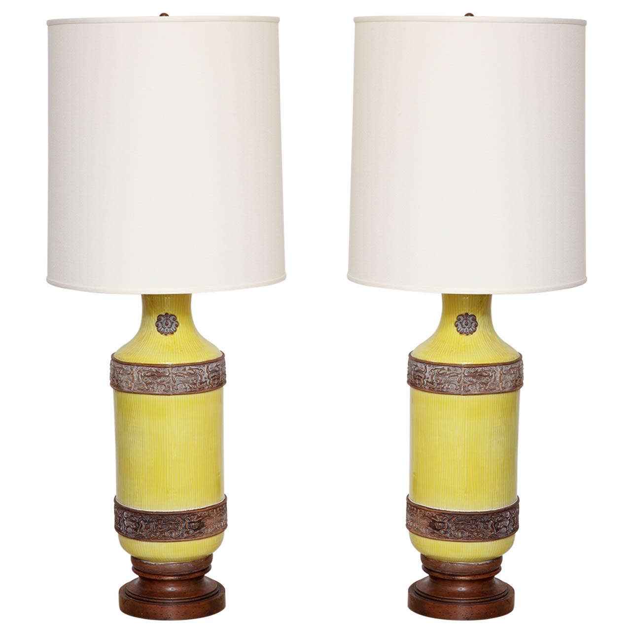 Pair Of Asian Inspired Yellow Glazed Ceramic Lamps, C. 1950