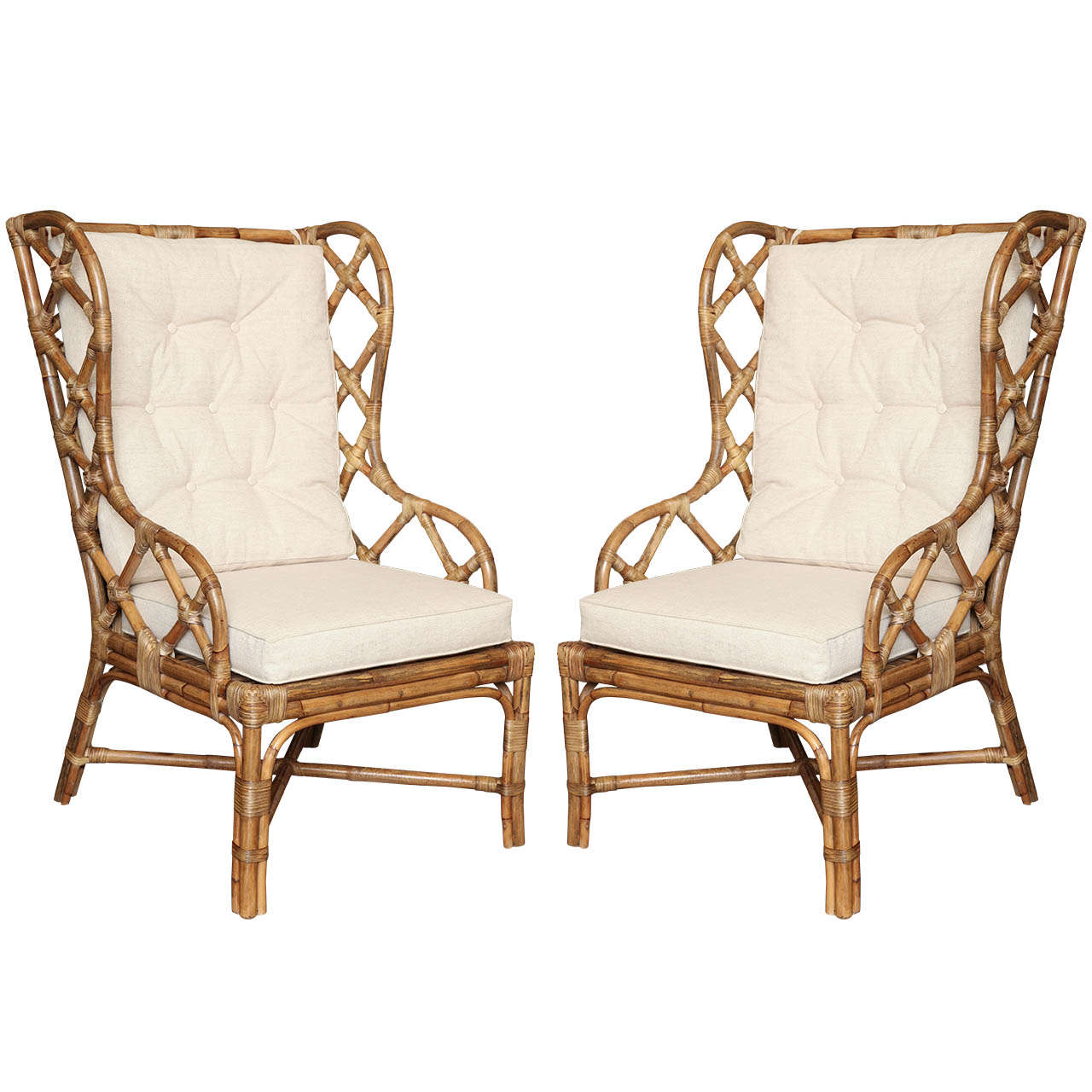 Pair Of Rattan Wingback Chairs, c. 1960