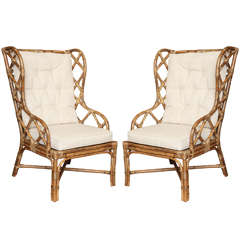 Vintage Pair Of Rattan Wingback Chairs, c. 1960