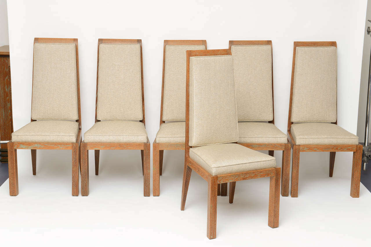 French Set of Six Art Deco Dining Chairs by Maurice Jallot in Cerused Oak