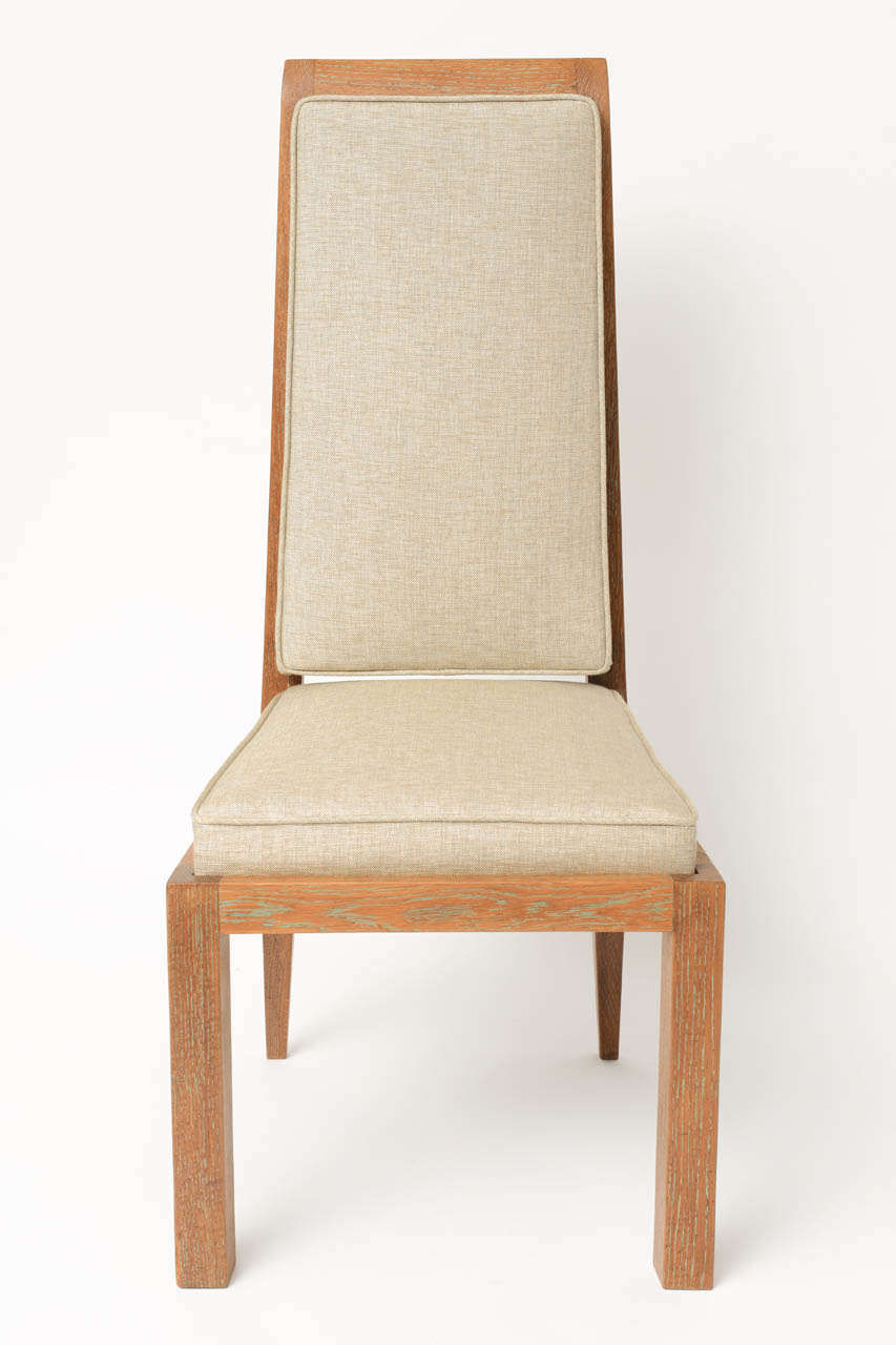Fabric Set of Six Art Deco Dining Chairs by Maurice Jallot in Cerused Oak