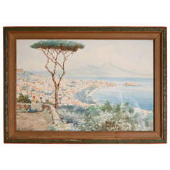 An Italian "Grand Tour" Watercolor of Bay of Naples with Vesuvius circa 1880