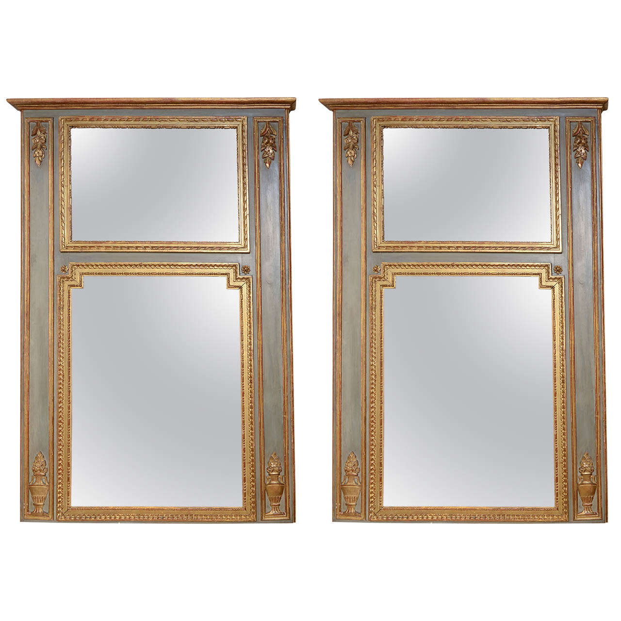 Pair of 18c. Painted and Parcel Gilt Trumeau Mirrors