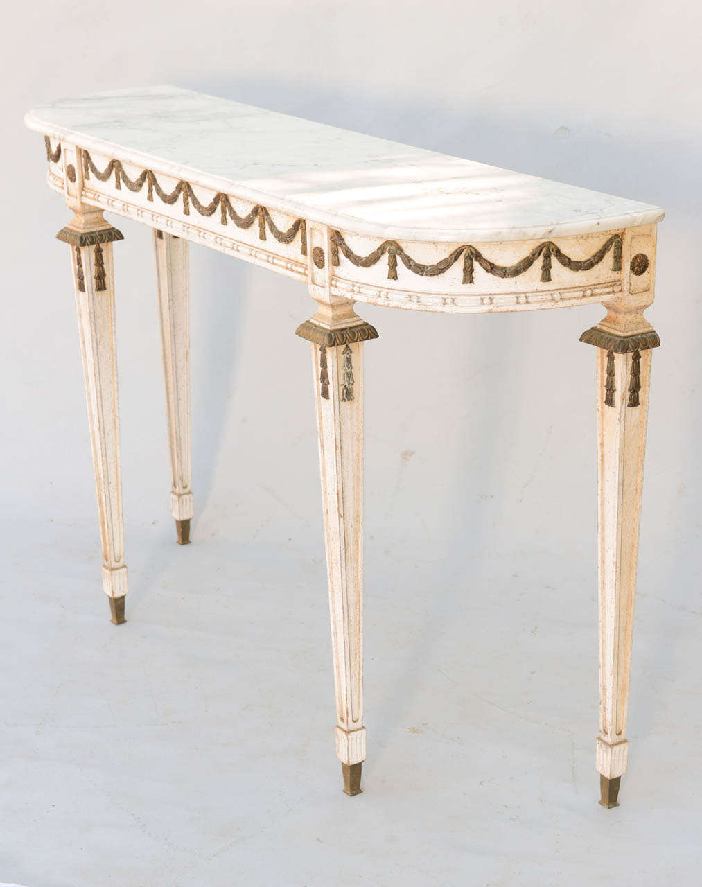 Mid-20th Century D-shaped Console Table With Bronze Festooned Apron and Marble Top