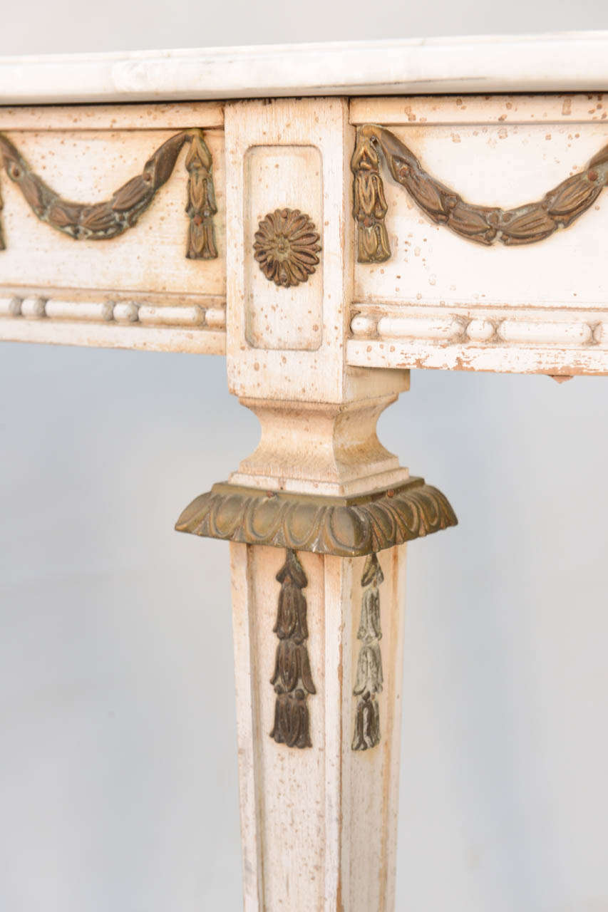 Wood D-shaped Console Table With Bronze Festooned Apron and Marble Top