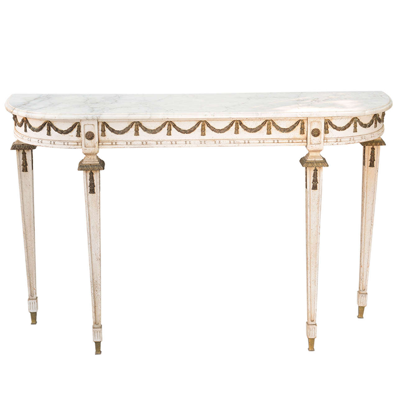 D-shaped Console Table With Bronze Festooned Apron and Marble Top