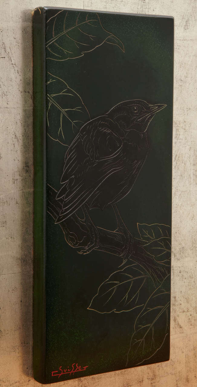 Wood Lacquered Panel with a Blackbird, by Gaston Suisse, 1930s