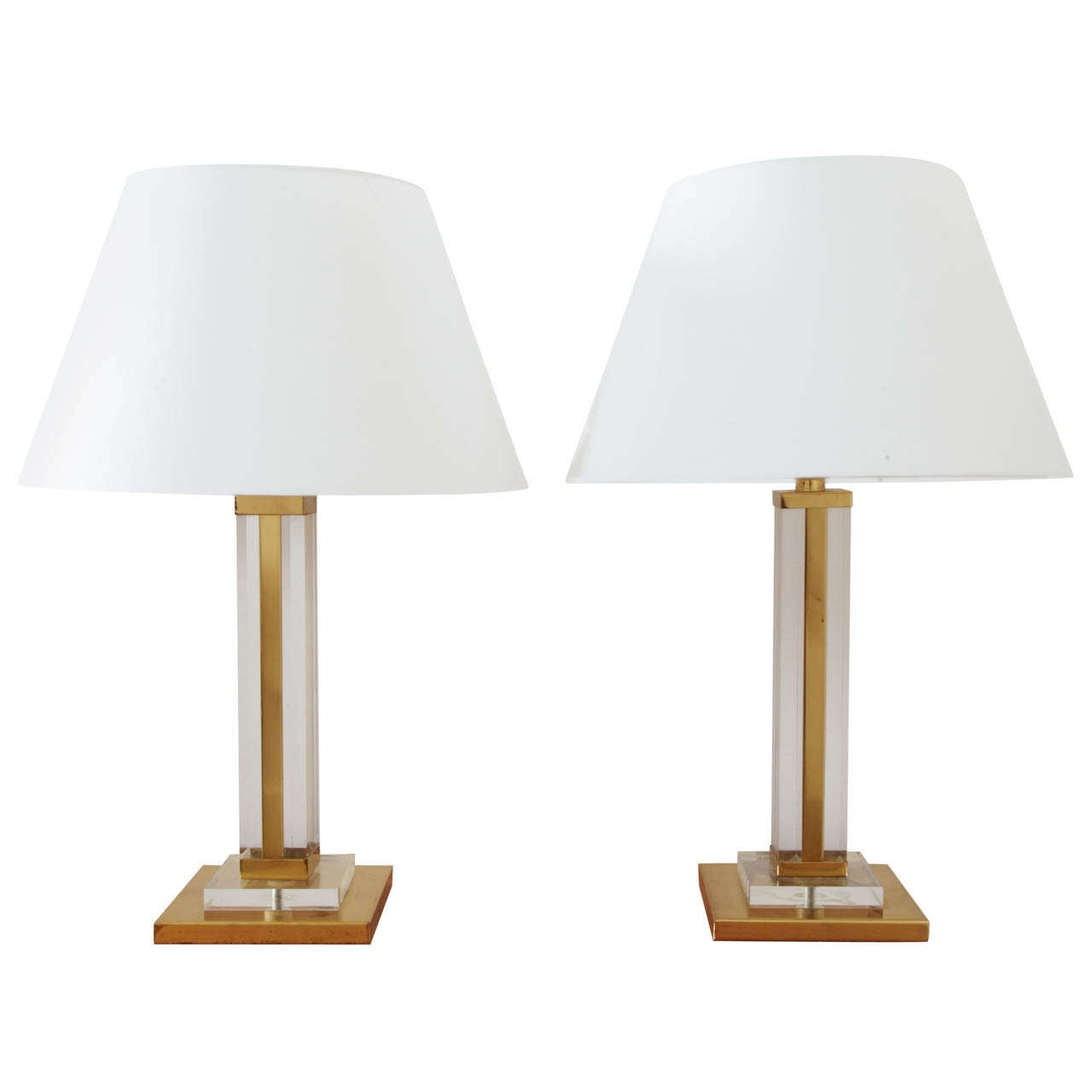Pair Of Gilt Brass And Lucite Square Table Lamps, France 1970's For Sale