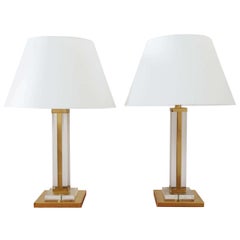 Pair Of Gilt Brass And Lucite Square Table Lamps, France 1970's