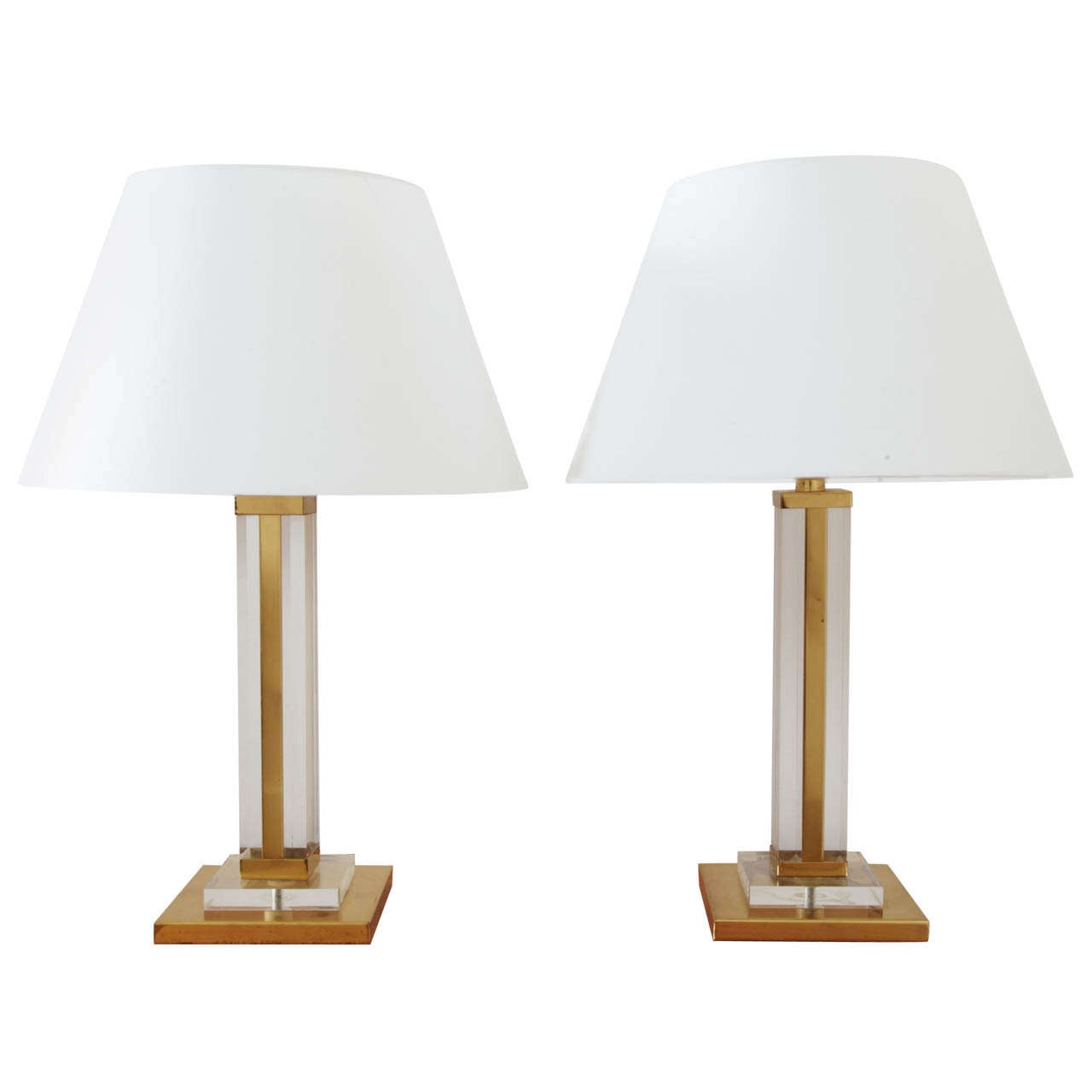 Pair Of Gilt Brass And Lucite Square Table Lamps, France 1970's For