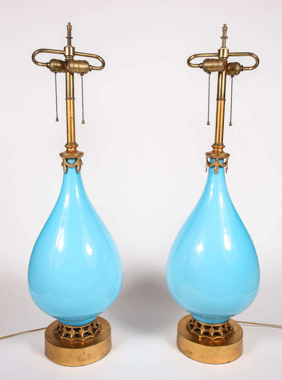Vintage blue Opaline glass lamp with gilt base and detailing. Newly wired.