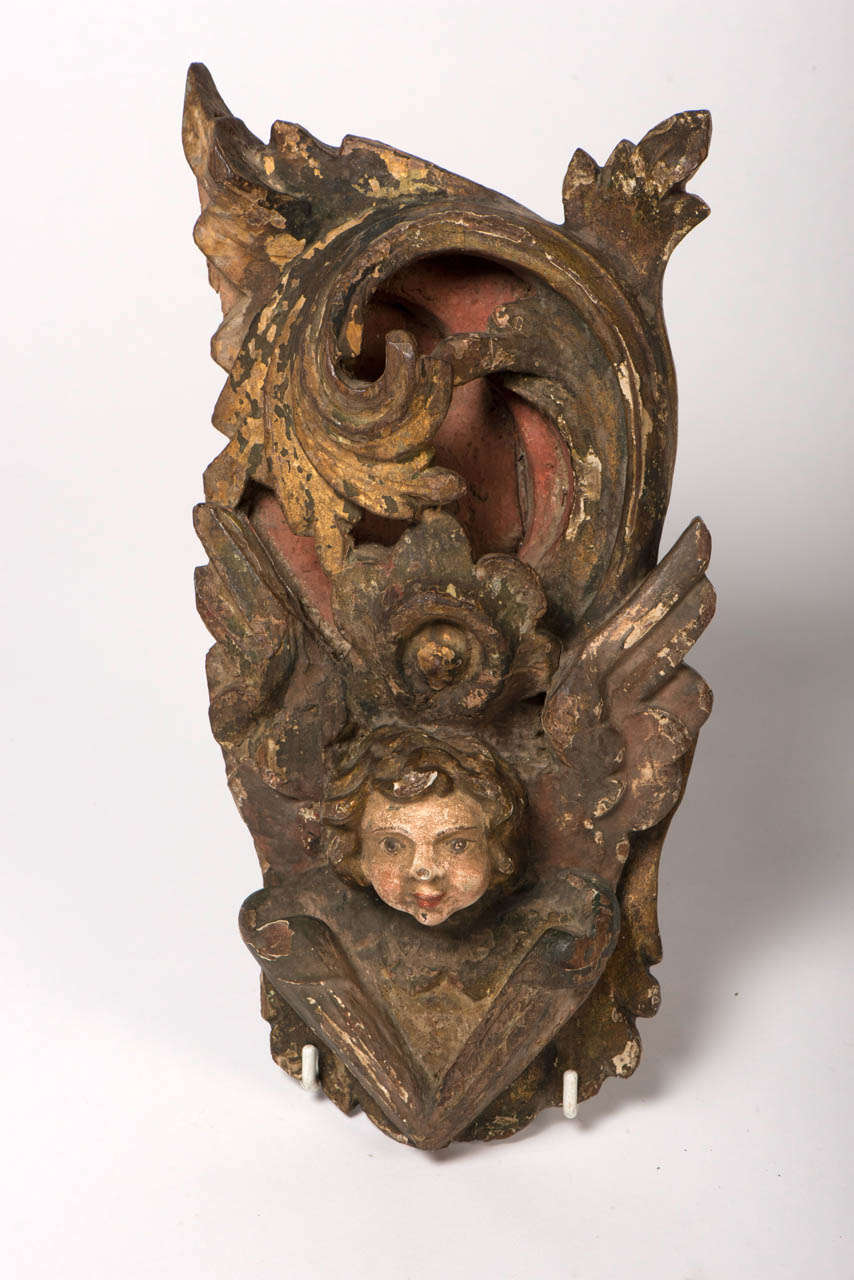 18th Century and Earlier Polychrome Woodcarving with Putti Head For Sale