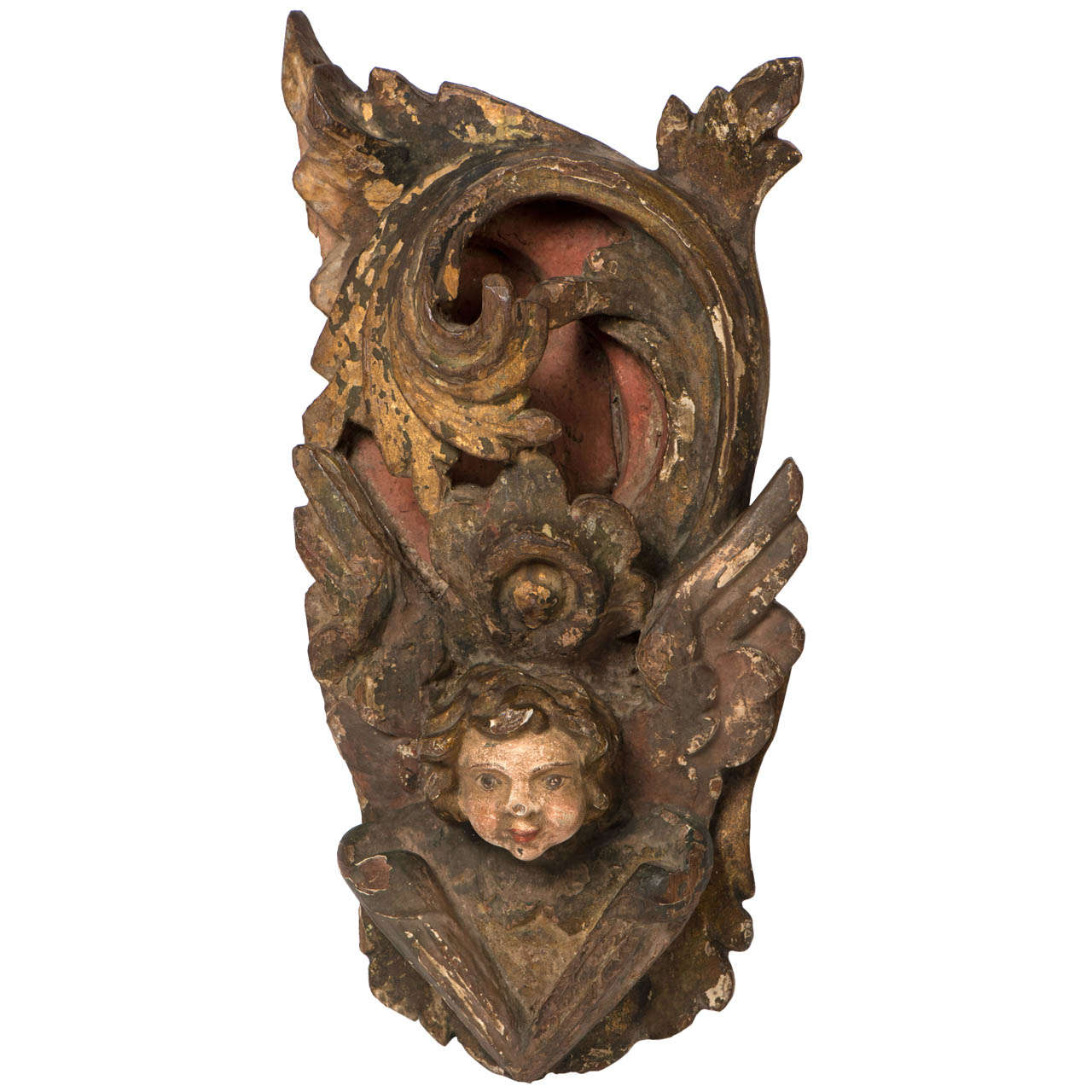 Polychrome Woodcarving with Putti Head For Sale