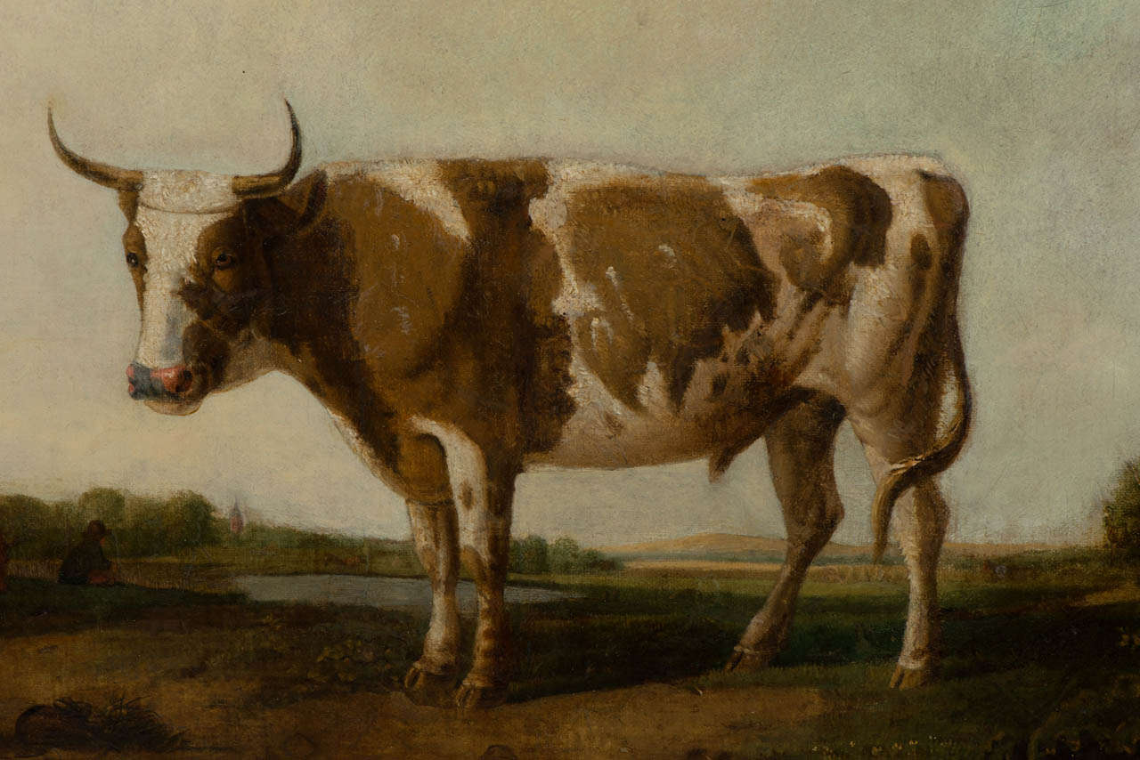 19th Century Oil on canvas of cow in landscape For Sale