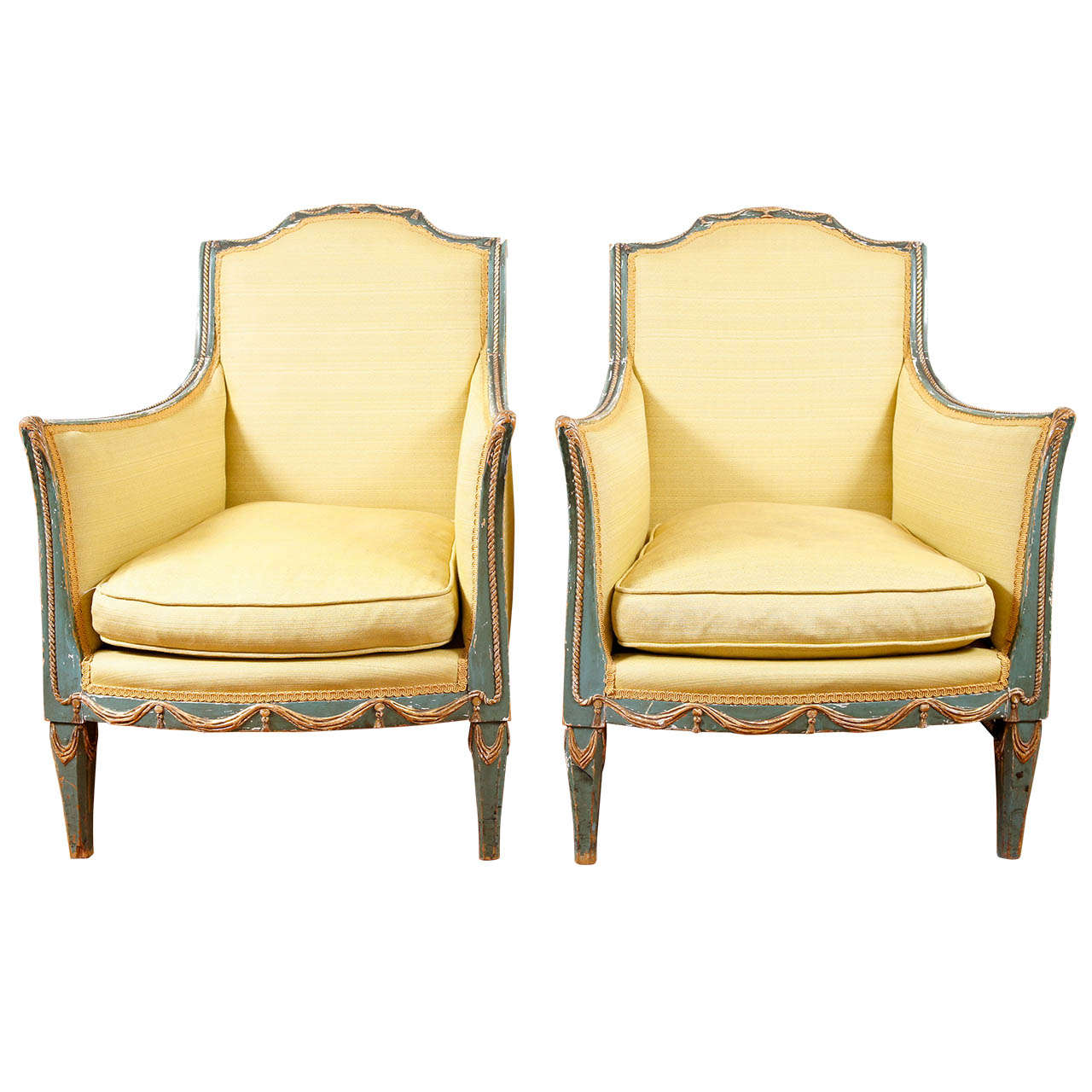 Pair of Green Italian Neoclassical Style Painted and Parcel-Gilt Armchairs For Sale