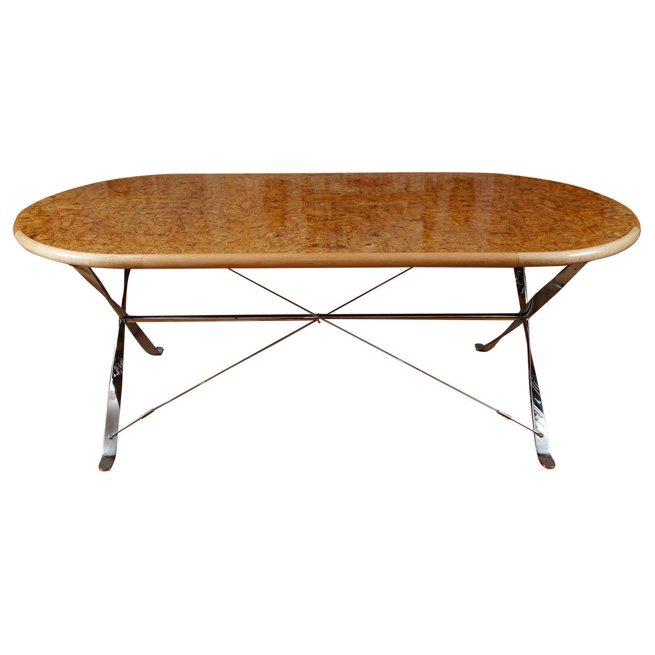Oval Burl Maple Dining Table on Stainless Steel Base For Sale