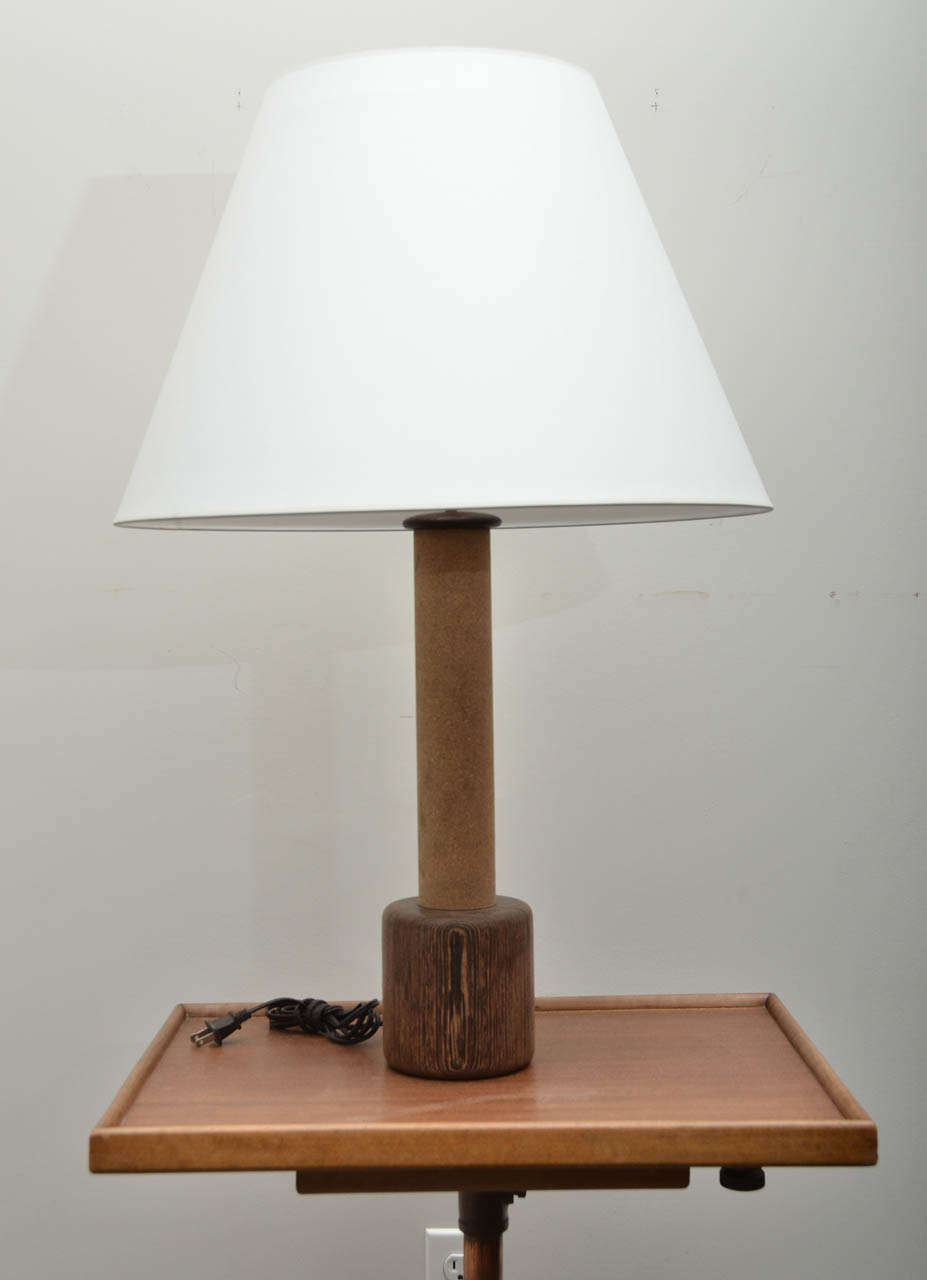 Oak + Cork Table Lamp, Newly rewired for US with black twisted silk cord and new fittings, shade is not included.