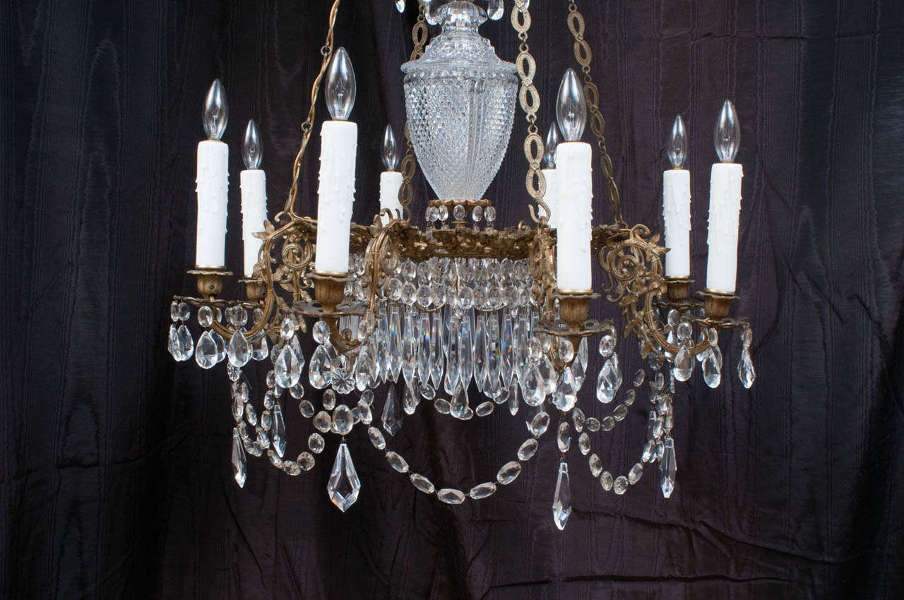 19th Century Neoclassic Eight-Light Gilt Brass and Crystal Chandelier, Sweden, Circa:1820