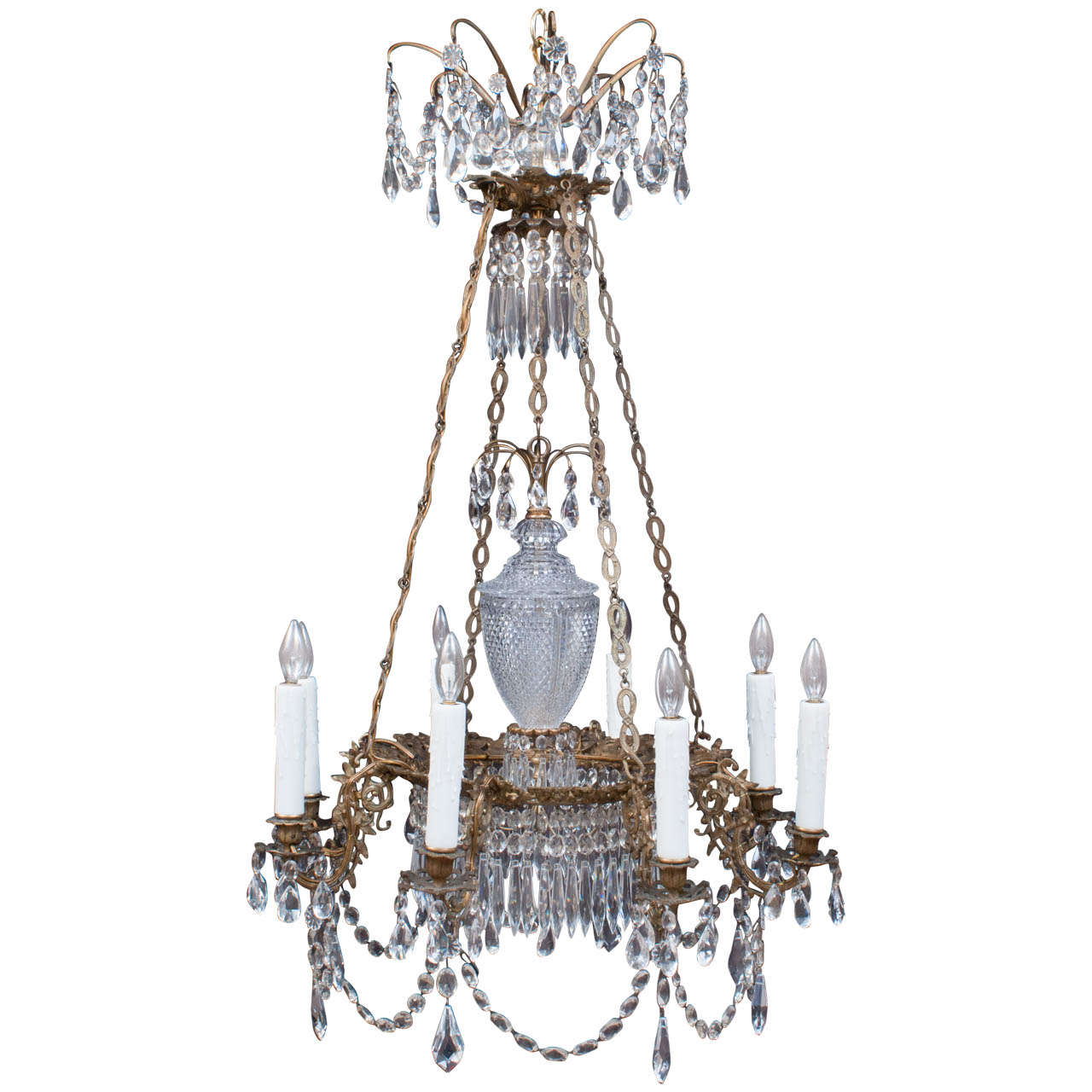 Neoclassic Eight-Light Gilt Brass and Crystal Chandelier, Sweden, Circa:1820