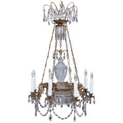 Antique Neoclassic Eight-Light Gilt Brass and Crystal Chandelier, Sweden, Circa:1820