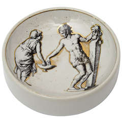 Italian Signed Fornasetti Porcelain/Gold Period Round Bowl/Dish 10