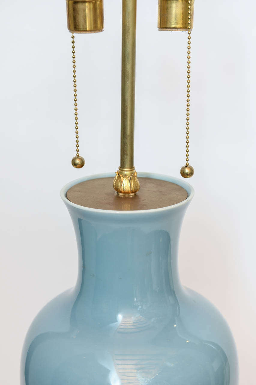 20th Century Pair of Powder Blue Glazed Chinese Porcelain Bronze Base Mounted Lamps