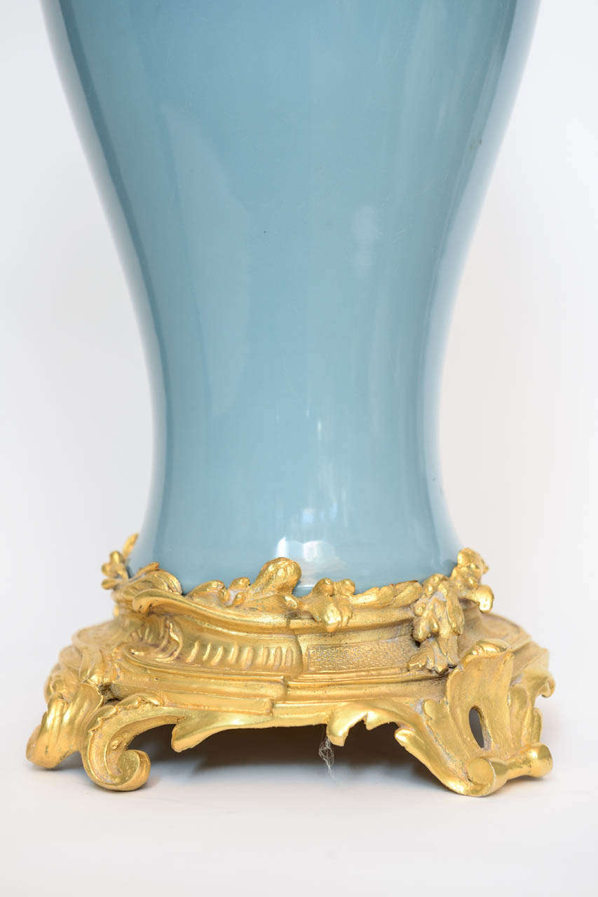 Pair of Powder Blue Glazed Chinese Porcelain Bronze Base Mounted Lamps 1